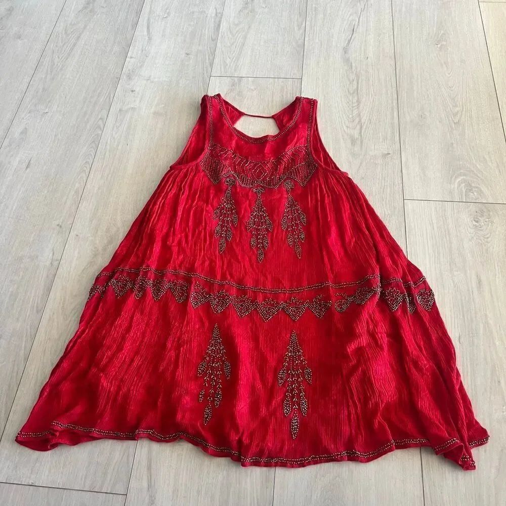 Free People Dress Womans Small Red Delilah Sequined Open Back Mini Boho Summer
